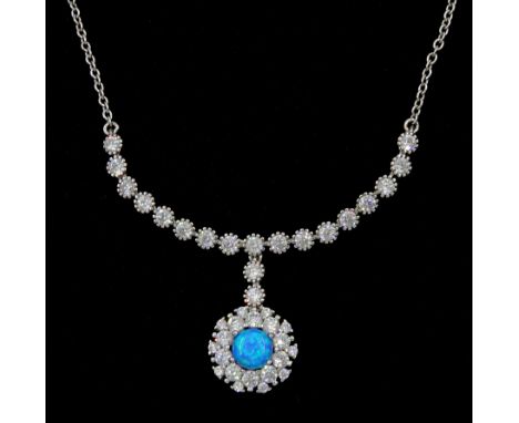 Silver opal and cubic zirconia cluster pendant necklace, stamped 925 Condition Report:Length = 45.5cm, good condition 