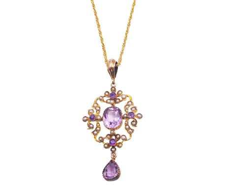 Edwardian 9ct gold amethyst and split pearl pendant, on later 9ct gold chain necklace, hallmarkedCondition Report:Pendant app