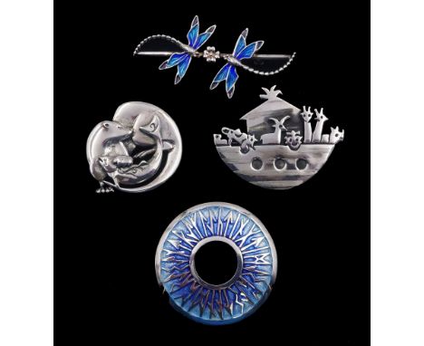 Scottish silver Ola Gorie otter brooch, Scottish silver Tianguis Jackson Noah's Ark brooch/pendant, silver enamel dragonfly b