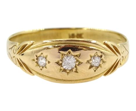 Early 20th century gold gypsy set three stone diamond ring, stamped 18ctCondition Report:Approx 2.65gm, size S-T, max depth =