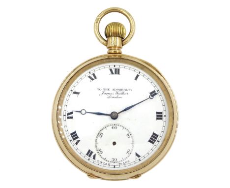Early 20th century 9ct gold open face keyless lever pocket watch by James Walker 'To the Admiralty', London, white enamel dia