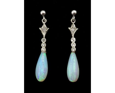 Pair of silver opal pendant earrings, stamped 925Condition Report:Length = 3cm, good condition 