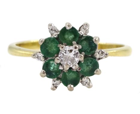 18ct gold emerald and diamond cluster ring, London 1976Condition Report:Approx 3.05gm, size O, head diameter = 10.5mm, good c