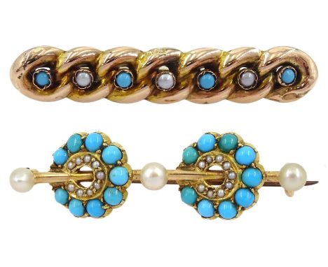 Early 20th century 15ct gold turquoise and pearl cluster brooch and a 9ct gold turquoise and split pearl chain brooch, with v