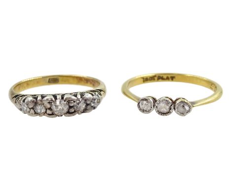 Gold five stone diamond ring and one other three stone rose cut diamond ring, both 18ctCondition Report:Approx 3.85gm, size I