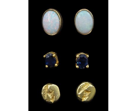 Pair of 14ct gold oval sapphire stud earrings, pair of 9ct gold opal stud earrings and one other pair of 14ct gold stud earri