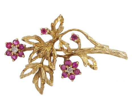 9ct gold ruby and diamond flower brooch, hallmarkedCondition Report:Approx 4.6gm, back pin also 9ct, length = 40mm