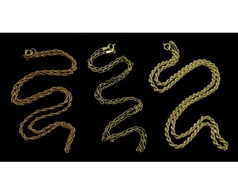 Three 9ct gold necklace chain necklacesCondition Report:Approx 7.8gm, all lengths approx 42cm, max link depth 3mm 