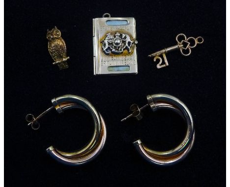 Pair of gold hoop earrings and three gold pendant/charms including owl, passport and 21 key, all hallmarked 9ctCondition Repo