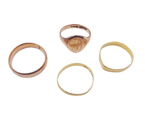 Two 22ct gold wedding bands, 9ct rose gold wedding band and a 9ct rose gold signet ring, all hallmarkedCondition Report:22ct 