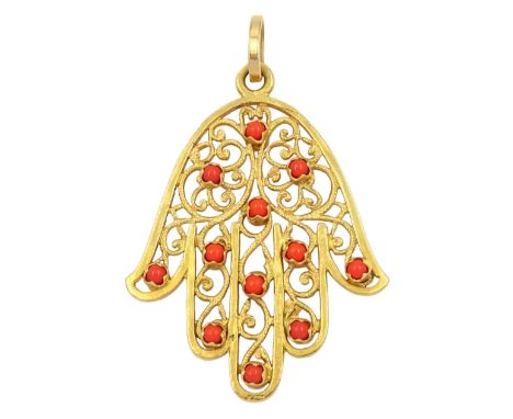 Gold coral open work Fatima handCondition Report:Approx 5.8gm, tested 17.5ct