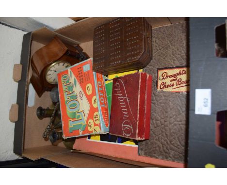 Mixed Lot: Various vintage games, Edwardian mantel clock marked Vale &amp; Richardson, Bury St Edmunds, various brass wares e