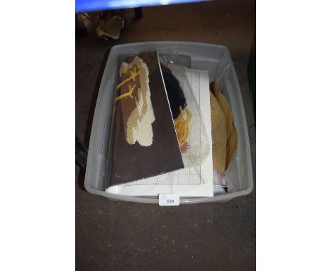 Box of various cross stitch and tapestry kits