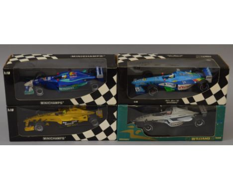 Four boxed Minichamps 1:18 scale diecast model F1 Racing Cars including Williams F1 Team 'Promotional Showcar 2000 Jenson But