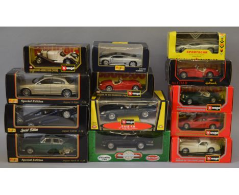 Thirteen boxed diecast model cars in larger scales, eight in 1:24 scale by Maisto, Bburago etc and five in 1:18 scale includi