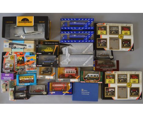 A mixed lot of boxed diecast models in various different scales by Corgi, Matchbox, Lledo and others including a Chrono 1:18 