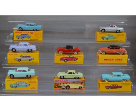 Eight boxed Atlas Dinky Toy diecast model cars, including 24M Volkswagen Karmann Ghia, 24V, 177, 524, 547, 549, 552 and  553 