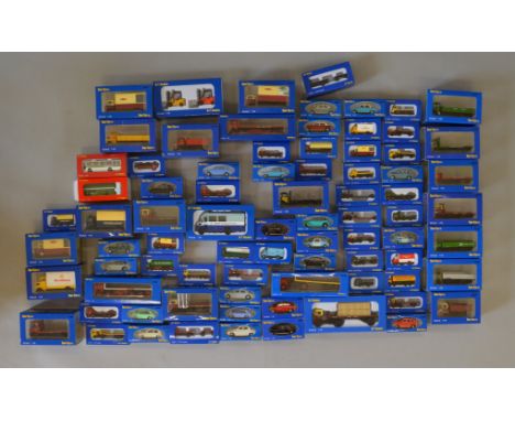 Seventy boxed Base Toys diecast car,  bus, truck and van models in N Gauge and 1:76 scale. Models appear G+ in generally G/G+