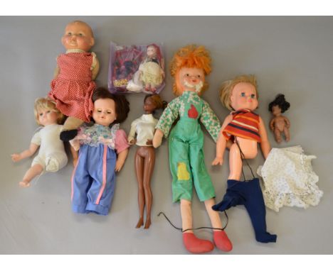 Nine dolls including some vintage examples, variously sized and made from different materials, AF some with damage and or mis