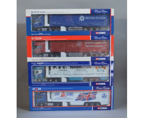 Four boxed Corgi 1:50 scale diecast model trucks, CC12220, CC12906, CC12916 and CC12221, with unattached bagged mirrors and '