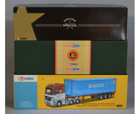 Three boxed Corgi 1:50 scale diecast model trucks, Premium Edition model CC13105, 50th Anniversary model  AN13805 Mercedes Be