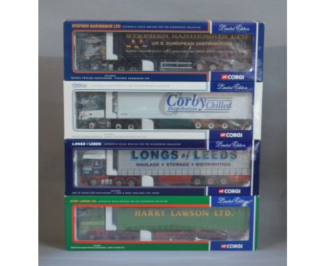 Four boxed Corgi 1:50 scale diecast model trucks, CC12418, CC13202, CC12216 and CC12912, with unattached bagged mirrors and '