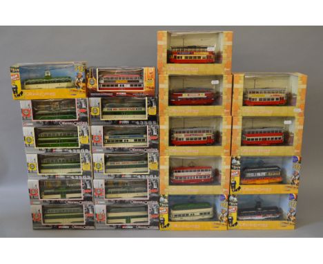 Twenty five boxed Corgi Original Omnibus diecast tram models in 1:76 scale. Models appear G+ in generally G/G+ packaging. (25