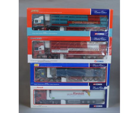 Four boxed Corgi 1:50 scale diecast model trucks, CC12419, CC12110, CC13215 and CC12222, with unattached bagged mirrors and '