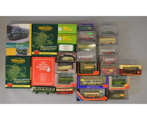 Twenty five boxed diecast bus and coach models in mostly 1:76  scale, including some sets, by EFE, Corgi 'Original Omnibus' a