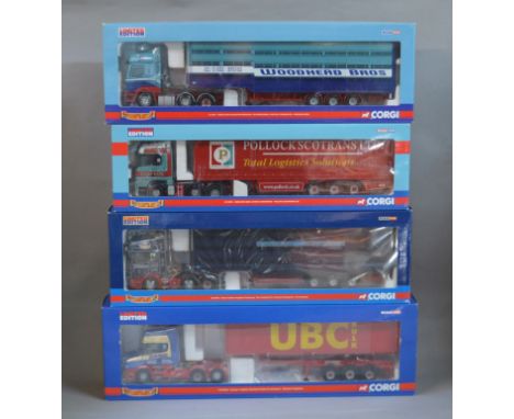 Four boxed Corgi 1:50 scale diecast model trucks, CC12816, CC12928, CC13809 and CC13904, with unattached bagged mirrors and '