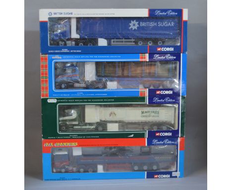 Four boxed Corgi 1:50 scale diecast model trucks, CC12223, CC12803, CC12806 and CC12221, with unattached bagged mirrors and '