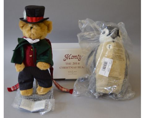 A Steiff Penguin together with a boxed Monty '2014 Christmas Bear'. (2)