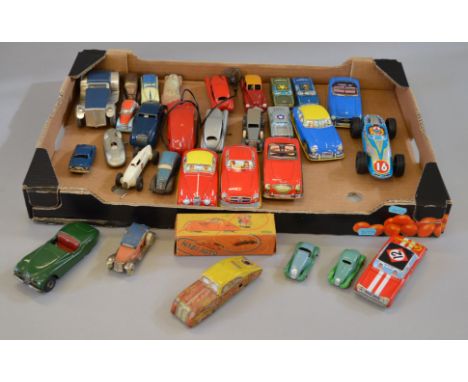 A good quantity of mainly unboxed diecast and tinplate models, some clockwork  mechanisms, untested including examples by Min
