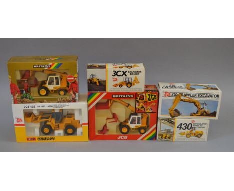 Six boxed diecast model JCB construction vehicles including three NZG models in 1:35 scale, JCB 3CX Excavator Loader, JCB 430