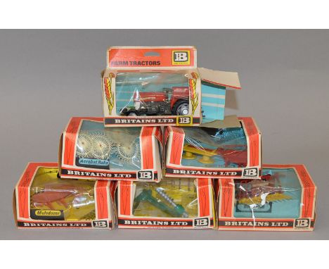A boxed Britains 9520 Massey Ferguson Tractor together with five boxed Farm Implements, 9535, 9537, 9543, 9544 and 9600 Post 