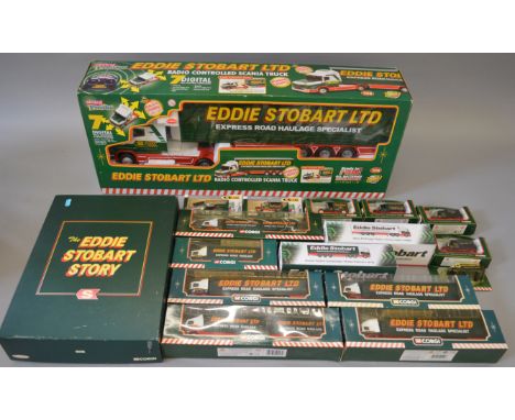 Seventeen boxed and carded diecast model 'Eddie Stobart'  trucks and vans by Corgi and Atlas Editions including a 1:18 scale 