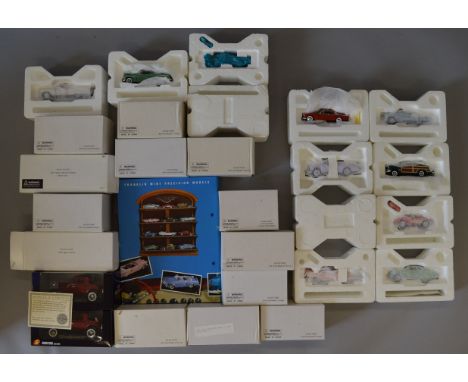 Twelve Franklin Mint 1:43 diecast model cars in polystyrene packaging together with fifteen other boxed cars by Sunnyside and