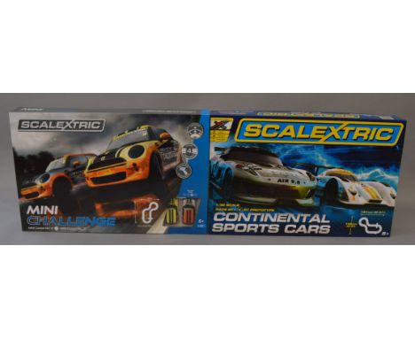 Two boxed Scalextric sets, C1355 Mini Challenge and C1319 Continental Sports Cars, both sealed,  appear VG in VG boxes. (2)