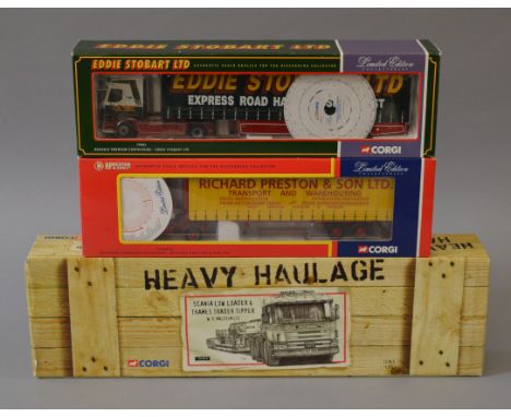 Three boxed Corgi 1:50 scale truck models, 75601 Eddie Stobart Renault, CC12505 R. Preston Atkinson and CC12210 Heavy Haulage