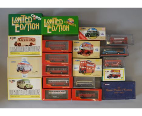 Twenty boxed Corgi tram, bus and coach diecast models including a 36712 Queen Mother's Century Tram and a number in 1:76 scal