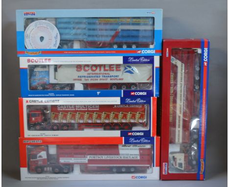 Five boxed Corgi 1:50 scale diecast model trucks, CC12420 Scotlee, CC13224, CC12428, CC11902 and CC13215, with unattached bag