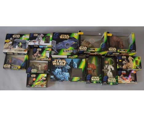 Thirteen boxed Star Wars figures and vehicles, mostly POTF items,  by  Kenner and Hasbro including a 'Tie Fighter' by Kenner 