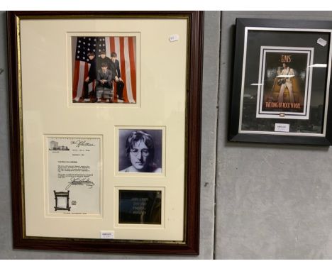 Six assorted framed memorabilia pictures to include John Lennon, Beatles, Elvis, Jimi Hendrix, Queen, etc. 