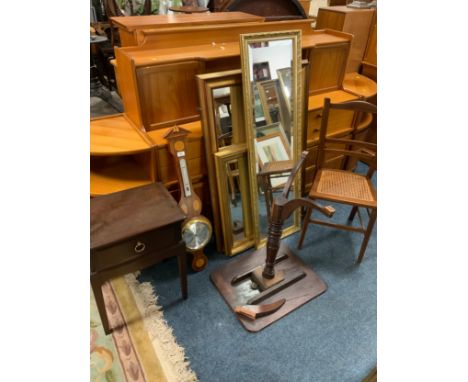 A quantity of assorted furniture and mirrors to include a reproduction barometer, stag minstrel bedside chest, damaged Georgi