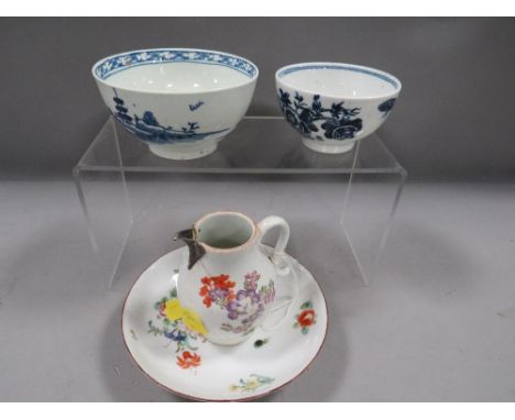 A small quantity of antique ceramics to include blue/white tea bowl with crescent back stamp 