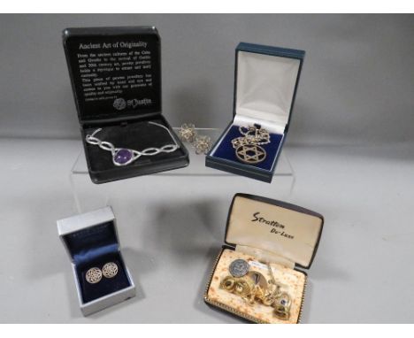 A boxed pair of silver Celtic design earrings, a boxed silver necklace, along with other jewellery etc 