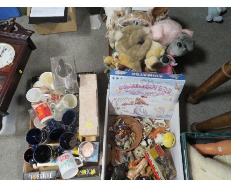 Three trays of collectables to include vintage box of Wade animates snow life crackers, vintage mugs, soft toys etc