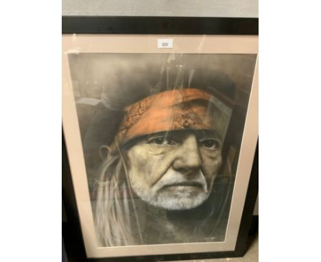 An unframed John Lennon picture together with a framed Rolling Stones photograph and a picture of Willie Nelson named to the 