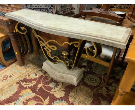 A modern shaped marble console table with gilt metal support W 140 cm 