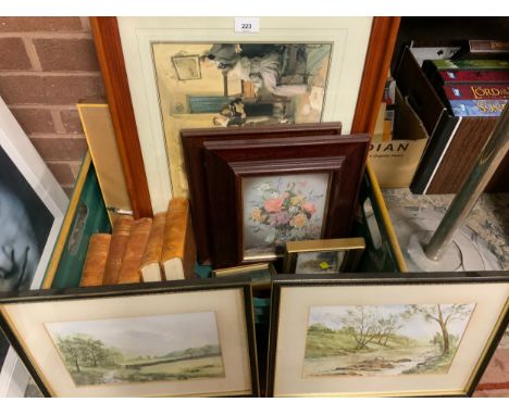 A crate of assorted pictures and prints to include watercolors, vintage encyclopedias etc. 